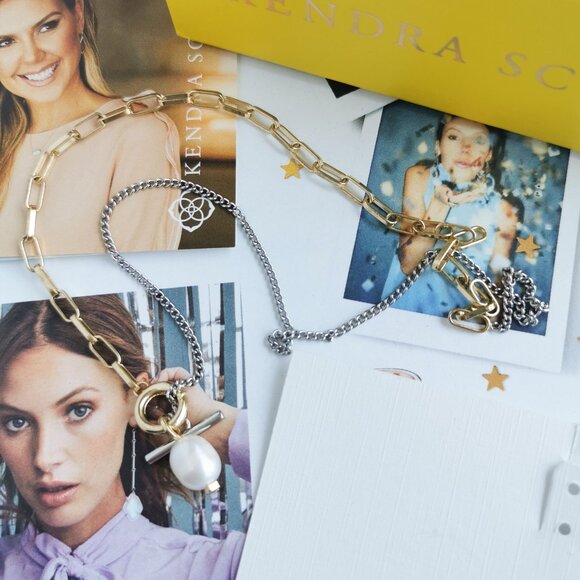 New Kendra Scott Leighton Convertible White Pearl Chain Necklace Mixed Metal - Picture 4 of 4